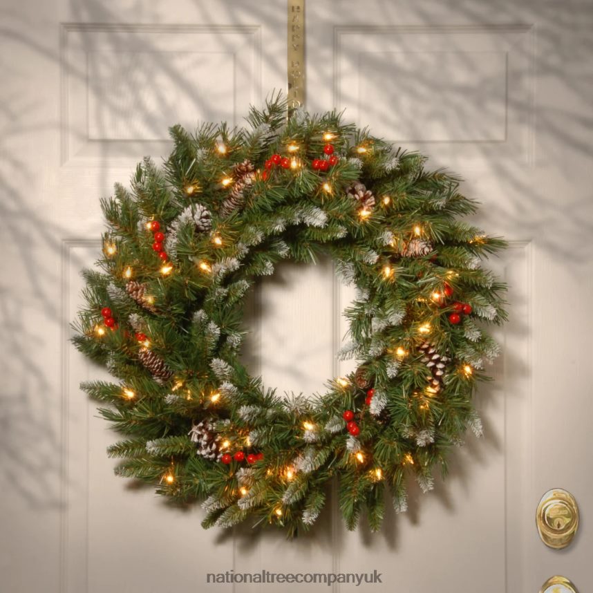 Greenery | National Tree Company Pre-Lit Artificial Christmas Wreath Green Frosted Berry White Lights Decorated with Pine Cones Berry Clusters Frosted Branches Christmas Collection 30 Inches F